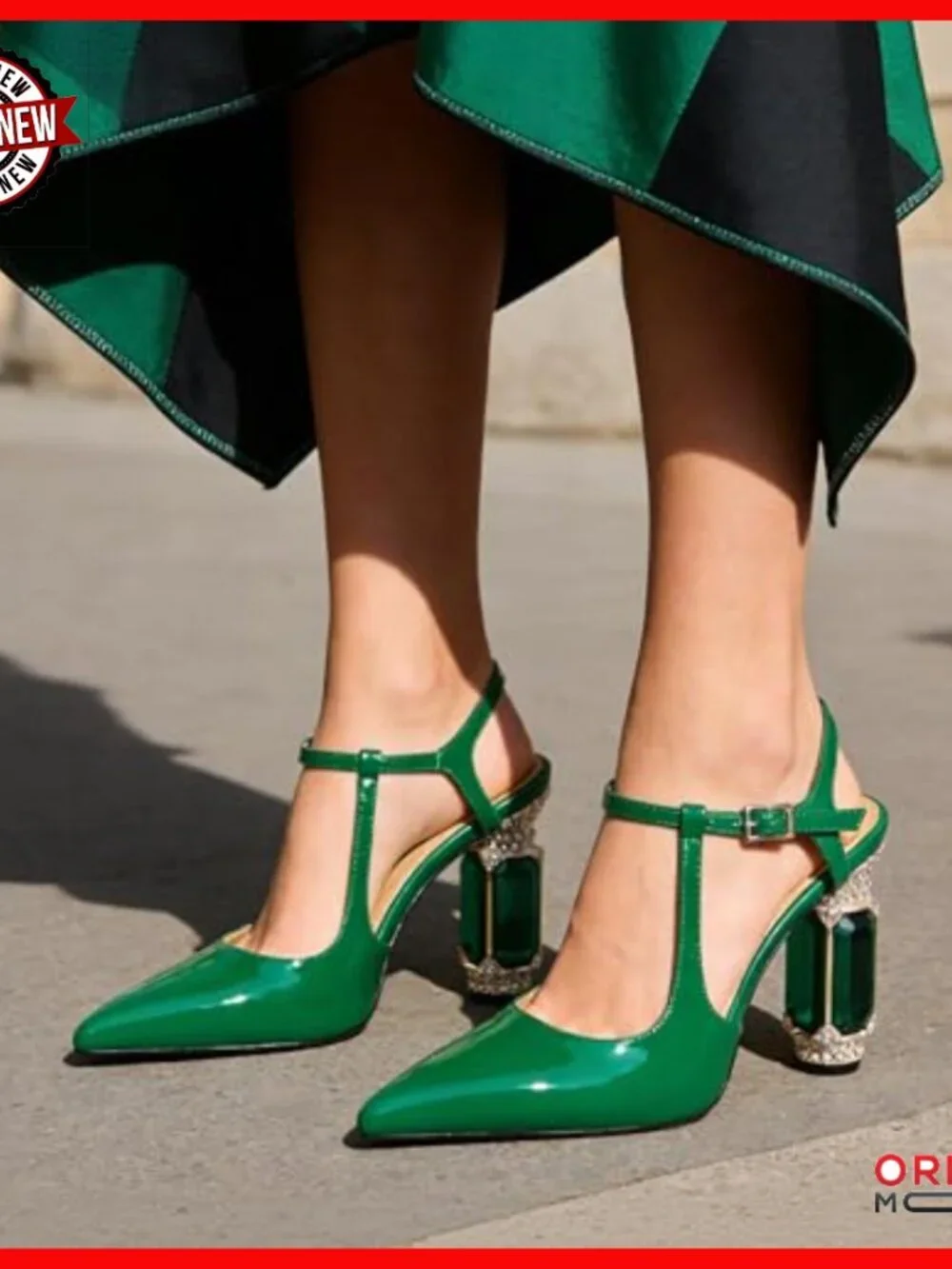 3.5 Inch Chunky Heel Slingback Pumps Pointed Toe Rhinestone Crystal Block Heels